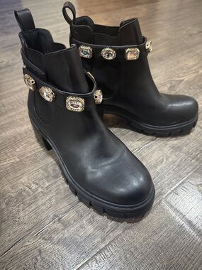 Madden Girl Black Combat Boots Rhinestone Strap Lug Sole Size 7
